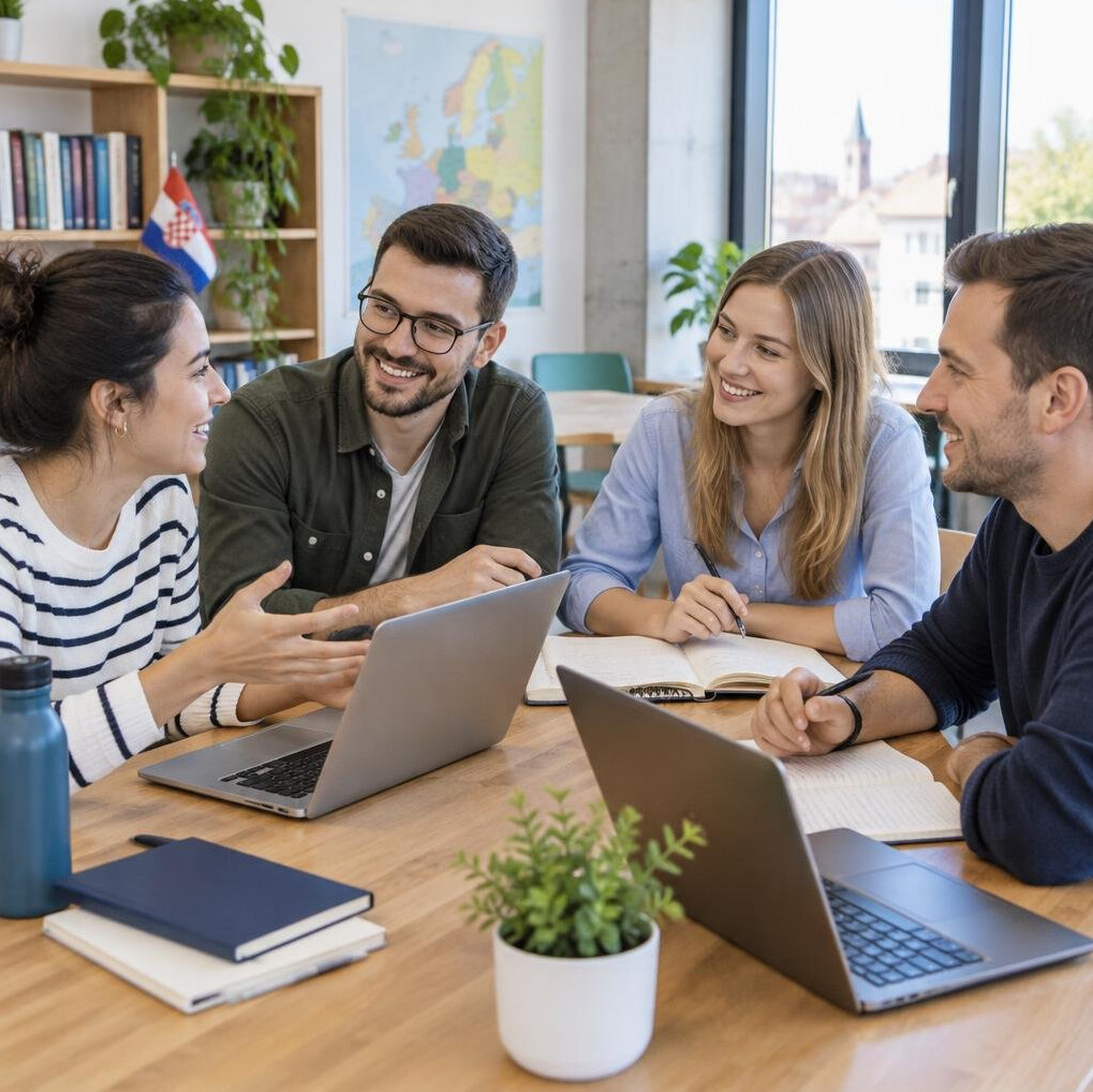 Group of adult learners studying together around a table with laptops